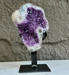 Natural Uruguayan Amethyst Crystal Geode on Metal Stand