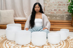 432 Hz Crystal Singing Bowl Chakra Set - 7 Pure White Quartz Bowls (8"–14")