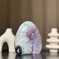 White Quartz & Amethyst Geode Crystal Egg, Large Cave with Agate formations