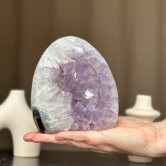 White Quartz & Amethyst Geode Crystal Egg, Large Cave with Agate formations
