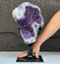 Natural Uruguayan Amethyst Crystal Geode on Metal Stand