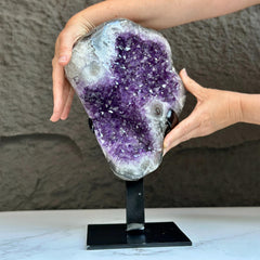 Natural Uruguayan Amethyst Crystal Geode on Metal Stand
