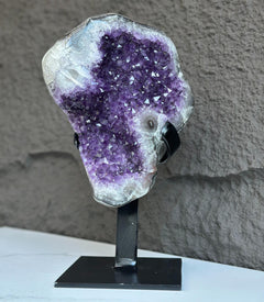 Natural Uruguayan Amethyst Crystal Geode on Metal Stand
