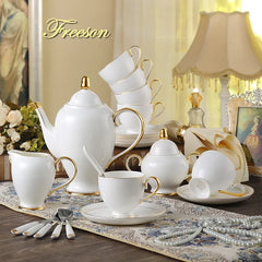 DecorBites™ Bone China Coffee Set White Gold Porcelain Tea Set Advanced Pot Cup