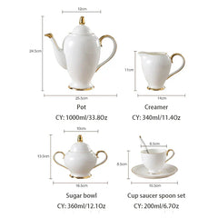 DecorBites™ Bone China Coffee Set White Gold Porcelain Tea Set Advanced Pot Cup
