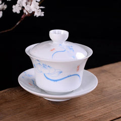 DecorBites™ Blue & White Porcelain Gaiwan Tea Set Puer Tea Cups Soup Bowl with Lid