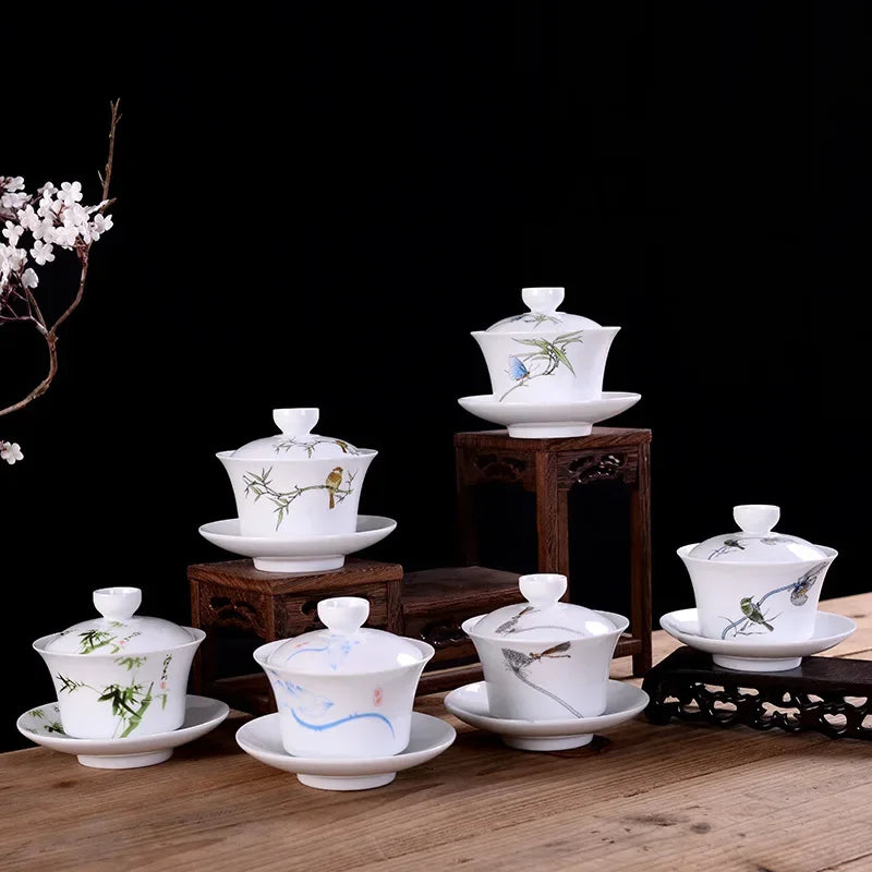DecorBites™ Blue & White Porcelain Gaiwan Tea Set Puer Tea Cups Soup Bowl with Lid