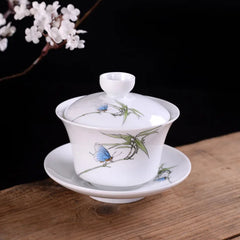 DecorBites™ Blue & White Porcelain Gaiwan Tea Set Puer Tea Cups Soup Bowl with Lid